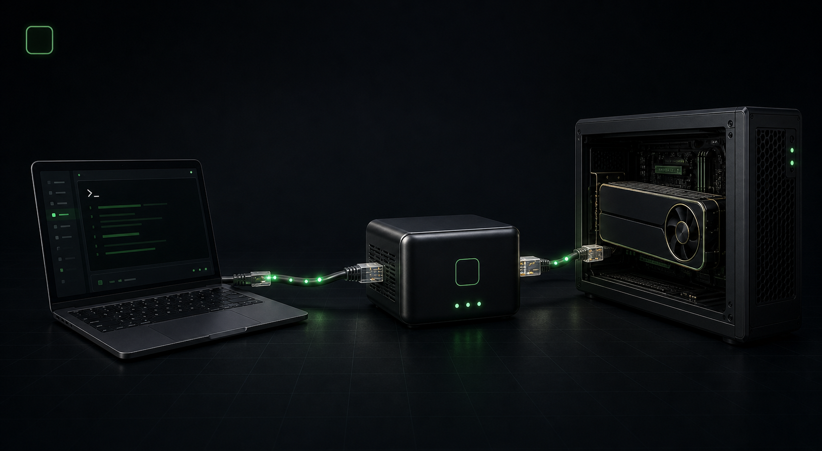 A customer laptop routes an AI request through gpuintegrate to a provider-owned GPU computer.